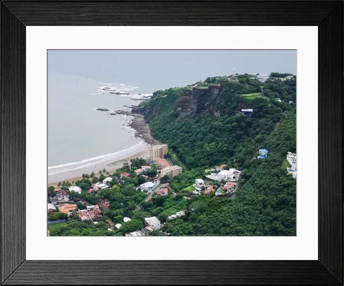 Framed Print : Hotel and houses under cliff in san juan del sur aerial drone view Framed Print : Hotel and houses under cliff in san juan del sur aerial drone view