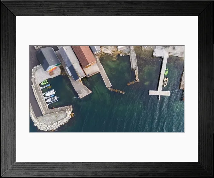 Framed Print : Aerial view of a marina with several boats docked Framed Print : Aerial view of a marina with several boats docked