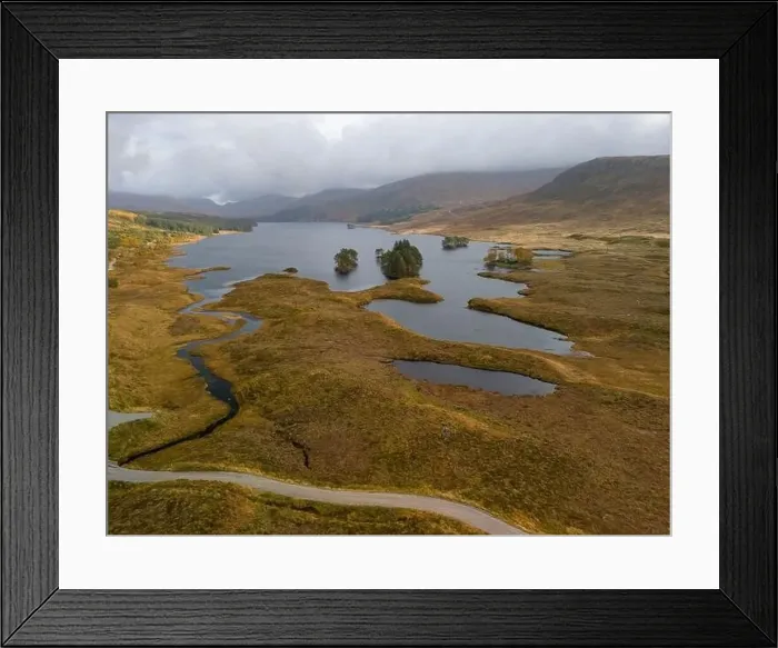 Framed Print : Aerial drone shot of Loch Ossian on Rannoch Moor Framed Print : Aerial drone shot of Loch Ossian on Rannoch Moor