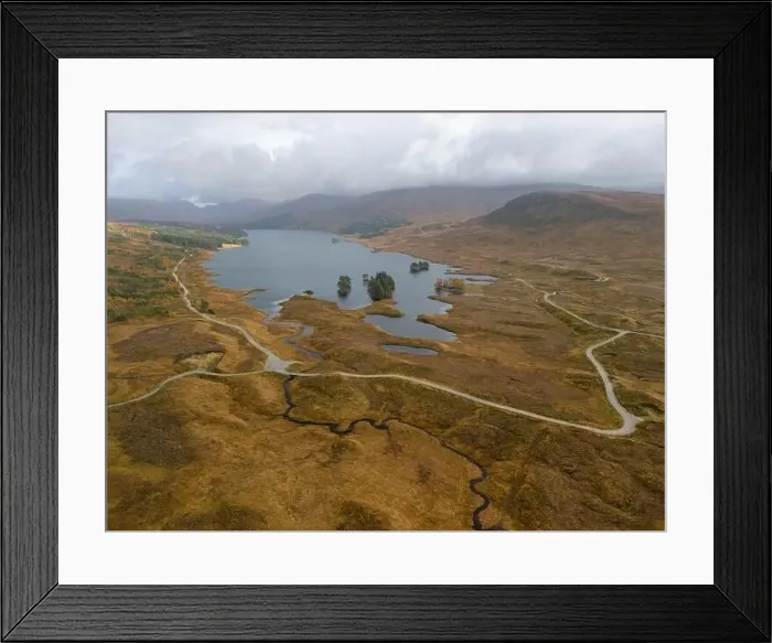Framed Print : Aerial drone shot of Loch Ossian on Rannoch Moor Framed Print : Aerial drone shot of Loch Ossian on Rannoch Moor