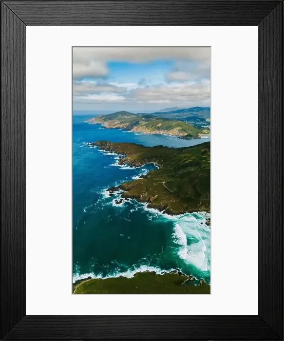 Framed Print : Captivating aerial shot showing the spectacular green landscapes along the rugged coast of Galicia Framed Print : Captivating aerial shot showing the spectacular green landscapes along the rugged coast of Galicia