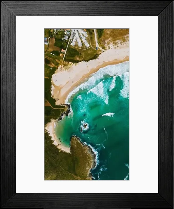 Framed Print : Stunning drone shot overlooking the rugged coastline and turquoise waters of Galicia Framed Print : Stunning drone shot overlooking the rugged coastline and turquoise waters of Galicia