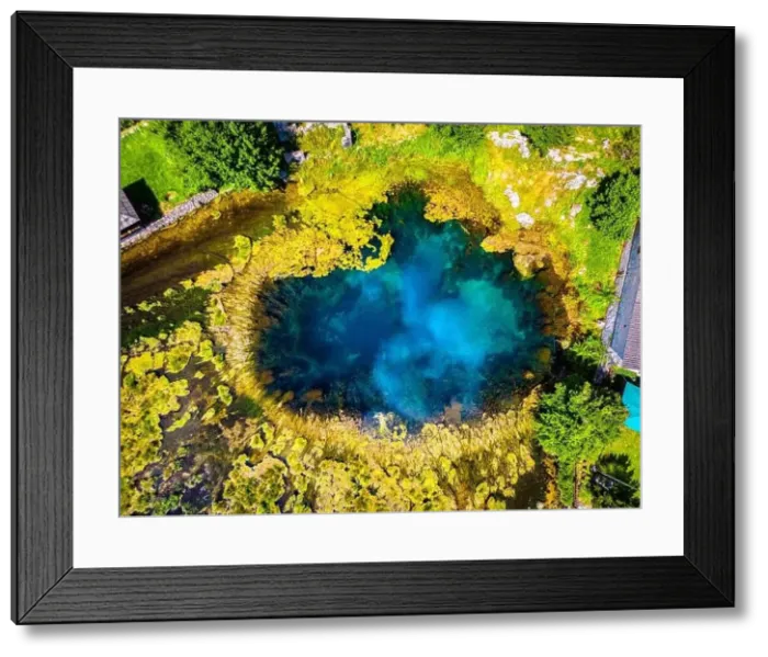 Framed Print : Amazing Gacka river source photographed with drone from above located in Majerovo Vrilo, Croatia Framed Print : Amazing Gacka river source photographed with drone from above located in Majerovo Vrilo, Croatia