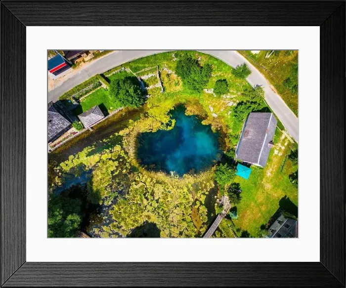 Framed Print : Amazing Gacka river source photographed with drone from above located in Majerovo Vrilo, Croatia Framed Print : Amazing Gacka river source photographed with drone from above located in Majerovo Vrilo, Croatia