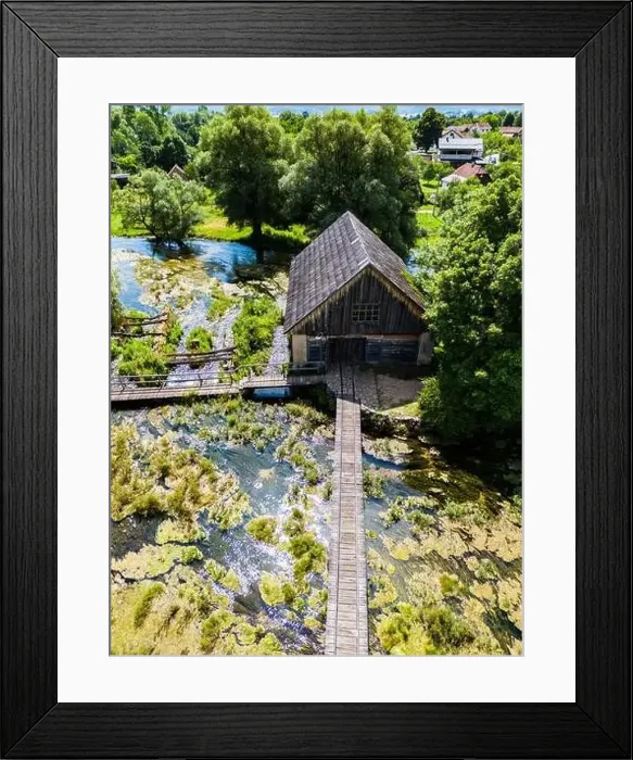 Framed Print : Drone view of wooden mill houses of Majerovo Vrilo located on Gacka river source in the village of Sinac, Croatia Framed Print : Drone view of wooden mill houses of Majerovo Vrilo located on Gacka river source in the village of Sinac, Croatia