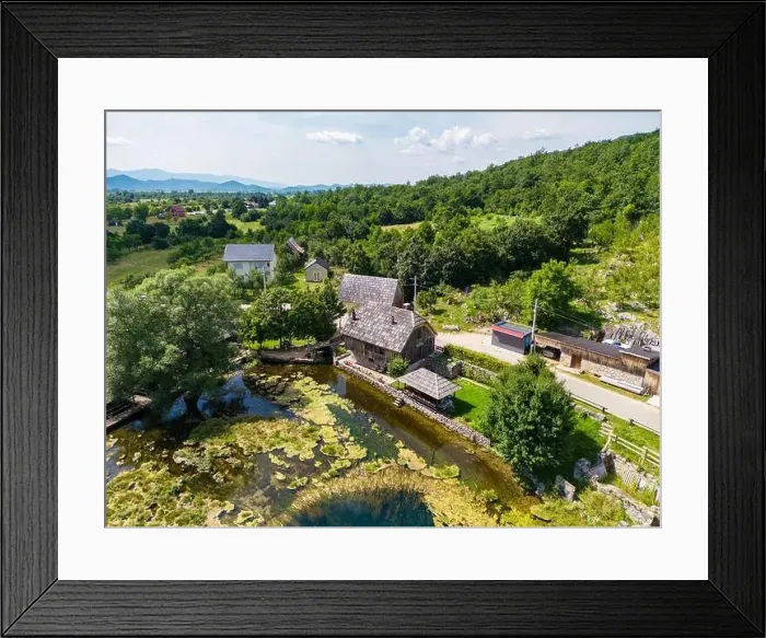 Framed Print : Aerial photo of Majerovo Vrilo, set of wooden mill houses on the source of Gacka river in the village of Sinac, Croatia Framed Print : Aerial photo of Majerovo Vrilo, set of wooden mill houses on the source of Gacka river in the village of Sinac, Croatia