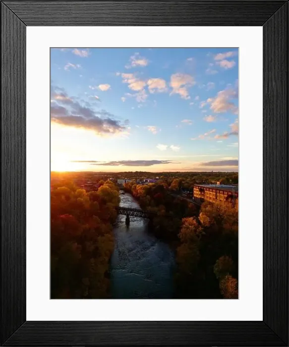 Framed Print : Autumn sunset over winding Eau Claire river with historic railroad bridge
