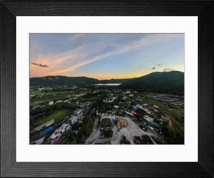 Framed Print : Aerial view of residential houses and driveways neighborhood during in sunset time