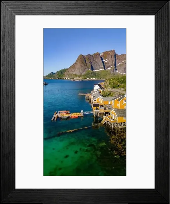 Framed Print : An aerial view of a quaint Norwegian village nestled on the coast of Lofoten Framed Print : An aerial view of a quaint Norwegian village nestled on the coast of Lofoten