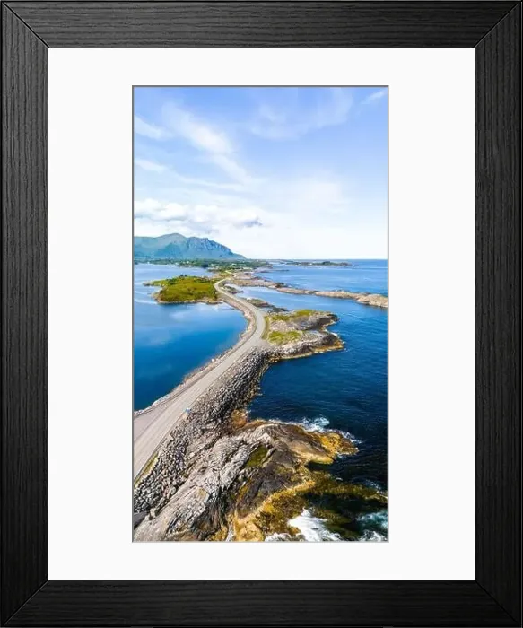 Framed Print : Aerial view of a winding road leading through a scenic archipelago in Norway. Atlantic Ocean Road Norway Framed Print : Aerial view of a winding road leading through a scenic archipelago in Norway. Atlantic Ocean Road Norway