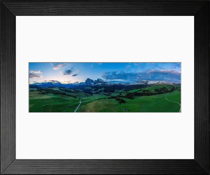 Framed Print : Panoramic view from the Seiser Alm to the Dolomites in Italy, drone shot Framed Print : Panoramic view from the Seiser Alm to the Dolomites in Italy, drone shot
