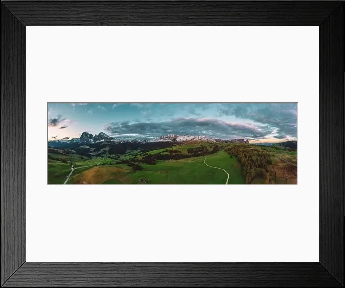 Framed Print : Panoramic view from the Seiser Alm to the Dolomites in Italy, drone shot Framed Print : Panoramic view from the Seiser Alm to the Dolomites in Italy, drone shot