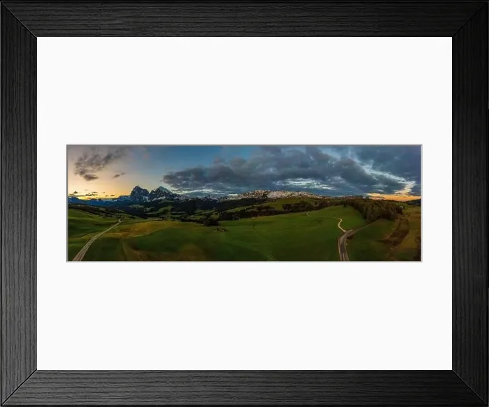 Framed Print : Panoramic view from the Seiser Alm to the Dolomites in Italy, drone shot Framed Print : Panoramic view from the Seiser Alm to the Dolomites in Italy, drone shot