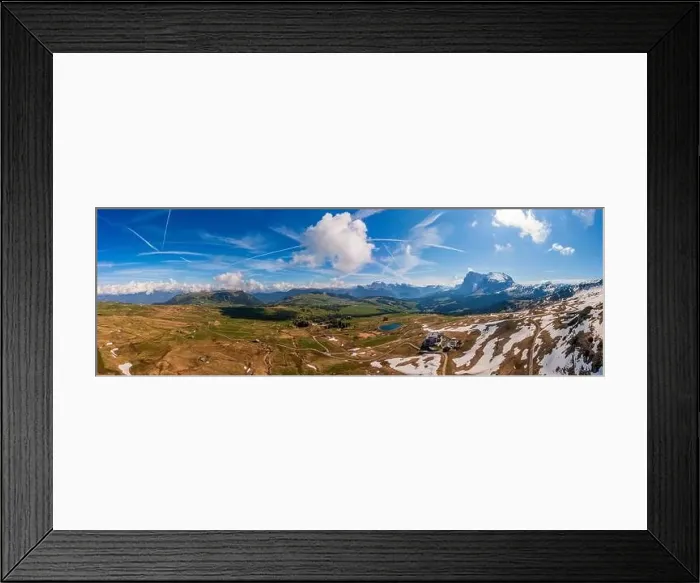 Framed Print : Panoramic view from the Seiser Alm to the Dolomites in Italy, drone shot Framed Print : Panoramic view from the Seiser Alm to the Dolomites in Italy, drone shot