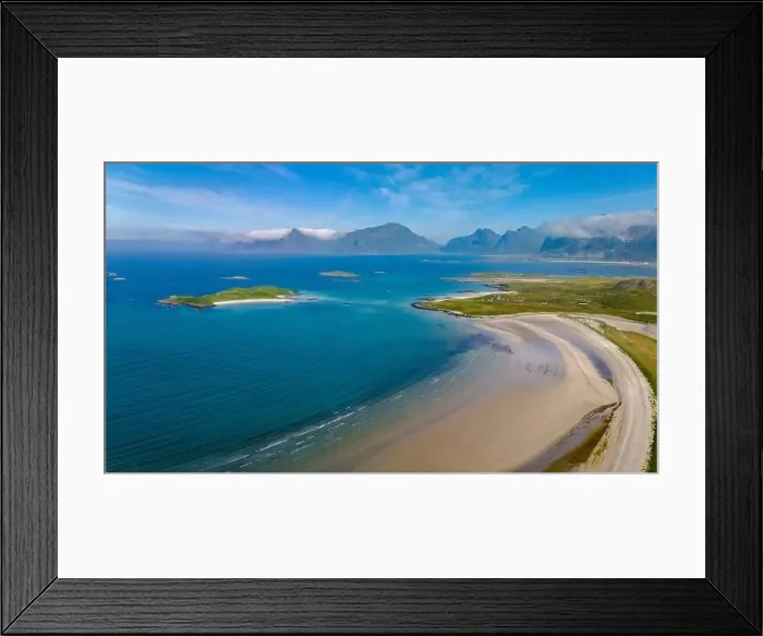 Framed Print : A stunning aerial view of a pristine white sand beach nestled between verdant green islands Framed Print : A stunning aerial view of a pristine white sand beach nestled between verdant green islands