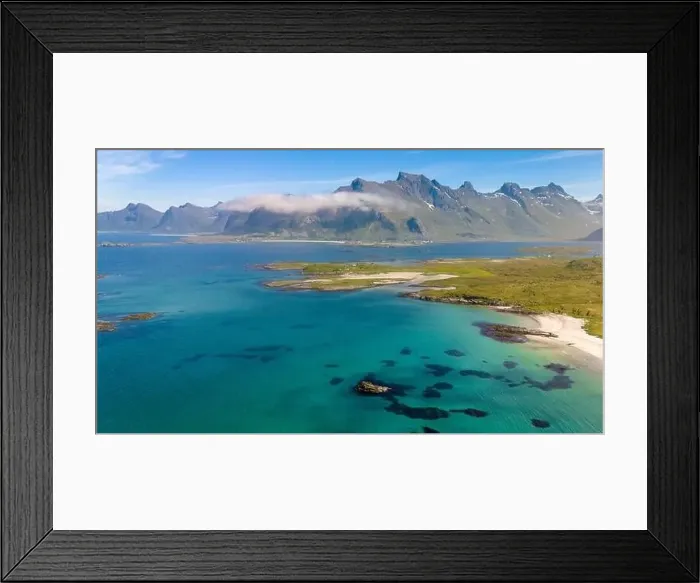 Framed Print : A secluded sandy beach on a Norwegian island with rocky outcroppings and lush vegetation Framed Print : A secluded sandy beach on a Norwegian island with rocky outcroppings and lush vegetation