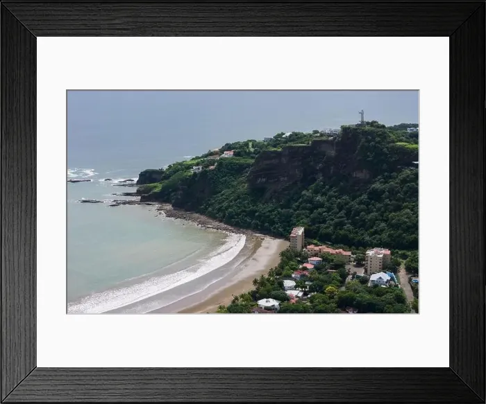 Framed Print : Tropical beach in San Juan Del Sur aerial view on cliff with jesus statue background