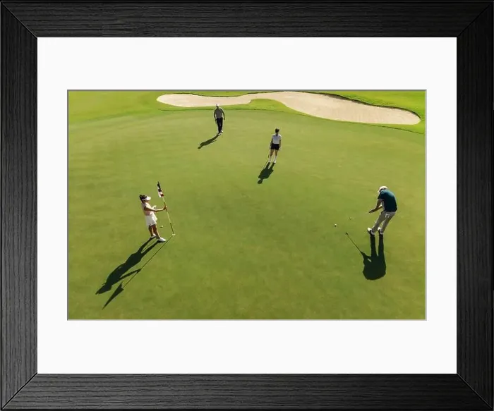 Framed Print : Aerial view of a group of people playing golf on the green Framed Print : Aerial view of a group of people playing golf on the green