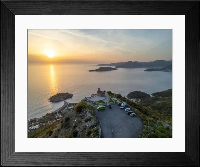 Framed Print : Aerial drone photo of the coastal town named Sveti Stefan in Montenegro Framed Print : Aerial drone photo of the coastal town named Sveti Stefan in Montenegro