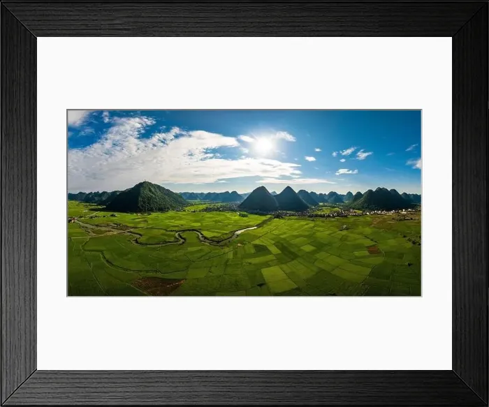 Framed Print : Aerial drone view panorama of Bac Son rice field valley at sunset, Lang Son, Vietnam Framed Print : Aerial drone view panorama of Bac Son rice field valley at sunset, Lang Son, Vietnam