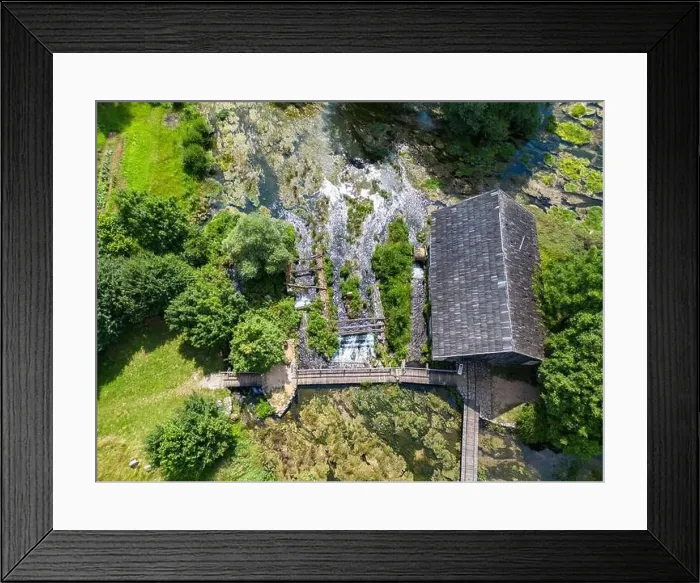 Framed Print : Aerial photo of Majerovo Vrilo, set of wooden mill houses on the source of Gacka river in the village of Sinac, Croatia Framed Print : Aerial photo of Majerovo Vrilo, set of wooden mill houses on the source of Gacka river in the village of Sinac, Croatia