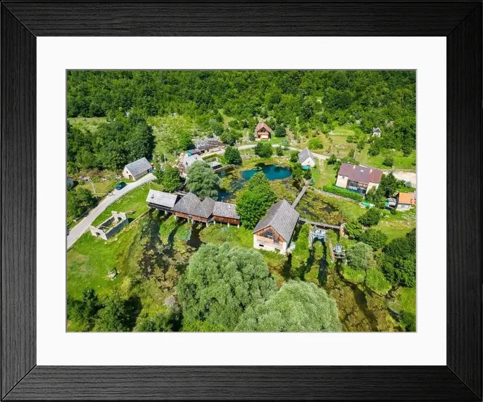Framed Print : Aerial photo of Majerovo Vrilo, set of wooden mill houses on the source of Gacka river in the village of Sinac, Croatia Framed Print : Aerial photo of Majerovo Vrilo, set of wooden mill houses on the source of Gacka river in the village of Sinac, Croatia