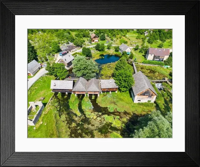 Framed Print : Aerial photo of Majerovo Vrilo, set of wooden mill houses on the source of Gacka river in the village of Sinac, Croatia Framed Print : Aerial photo of Majerovo Vrilo, set of wooden mill houses on the source of Gacka river in the village of Sinac, Croatia