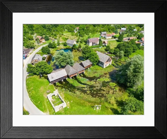 Framed Print : Aerial photo of Majerovo Vrilo, set of wooden mill houses on the source of Gacka river in the village of Sinac, Croatia Framed Print : Aerial photo of Majerovo Vrilo, set of wooden mill houses on the source of Gacka river in the village of Sinac, Croatia