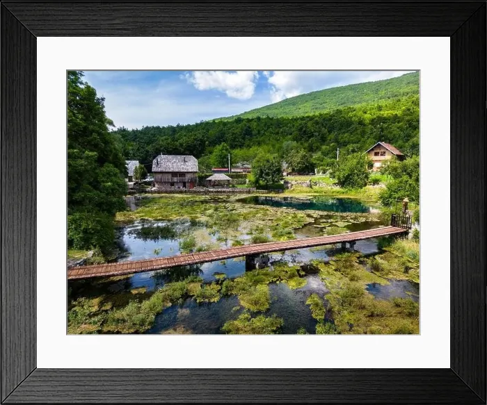 Framed Print : Aerial image of Wonderful Majerovo Vrilo wooden houses and Gacka river source in the village of Sinac, Croatia Framed Print : Aerial image of Wonderful Majerovo Vrilo wooden houses and Gacka river source in the village of Sinac, Croatia