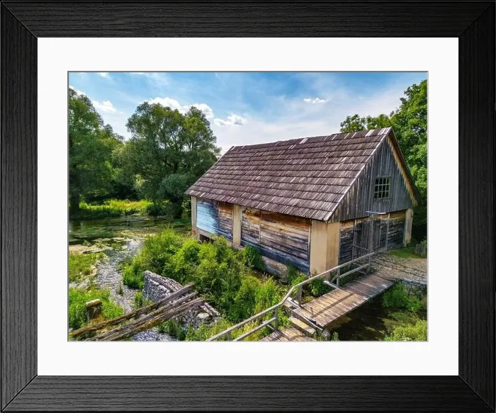 Framed Print : Aerial image of Wonderful Majerovo Vrilo wooden houses and Gacka river source in the village of Sinac, Croatia Framed Print : Aerial image of Wonderful Majerovo Vrilo wooden houses and Gacka river source in the village of Sinac, Croatia