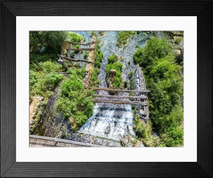 Framed Print : Aerial view of stone and wooden remains of old mills and wooden structures in Majerovo Vrilo in the village of Sinac Framed Print : Aerial view of stone and wooden remains of old mills and wooden structures in Majerovo Vrilo in the village of Sinac