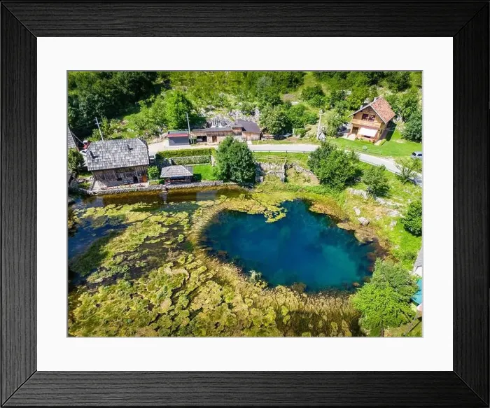 Framed Print : Aerial image of Wonderful Majerovo Vrilo wooden houses and Gacka river source in the village of Sinac, Croatia Framed Print : Aerial image of Wonderful Majerovo Vrilo wooden houses and Gacka river source in the village of Sinac, Croatia