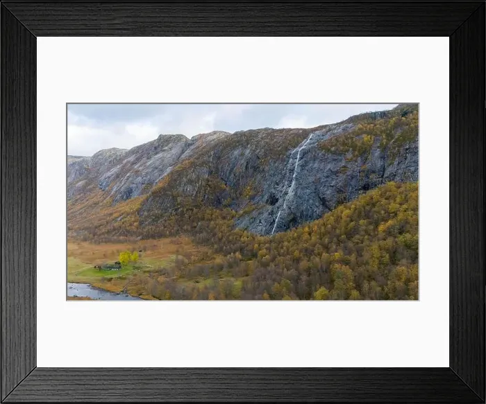 Framed Print : Waterfall Cascading Down Rocky Cliff in Autumn Framed Print : Waterfall Cascading Down Rocky Cliff in Autumn