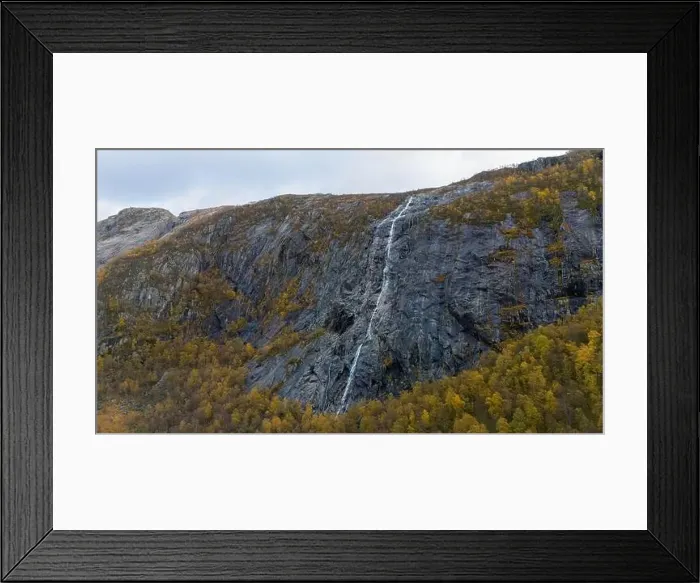Framed Print : Waterfall Cascading Down Rocky Cliff in Autumn Framed Print : Waterfall Cascading Down Rocky Cliff in Autumn