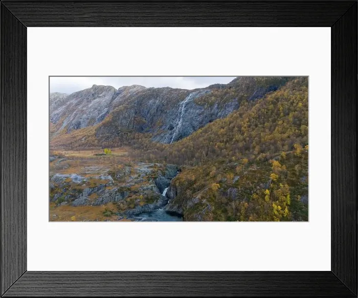Framed Print : Waterfall Cascading Down Rocky Cliff in Autumn Framed Print : Waterfall Cascading Down Rocky Cliff in Autumn