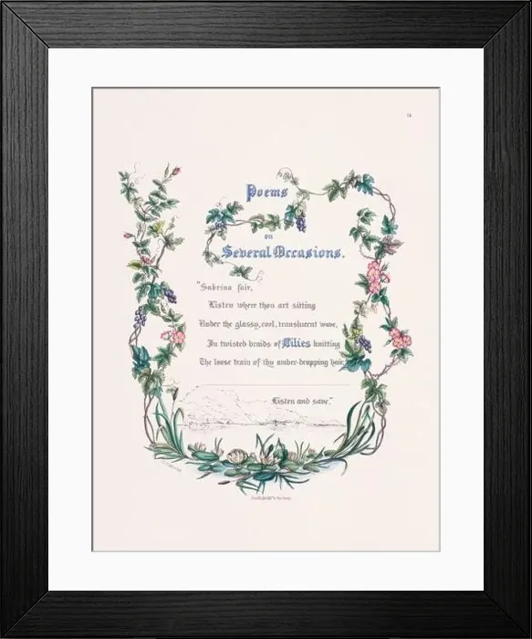 Framed Print : Floral frame. Plate featuring intricate flower arrangements with decorative text from John Milton's works Framed Print : Floral frame. Plate featuring intricate flower arrangements with decorative text from John Milton's works
