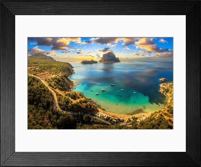Framed Print : Aerial view of Cala d'Hort beach in Ibiza Framed Print : Aerial view of Cala d'Hort beach in Ibiza