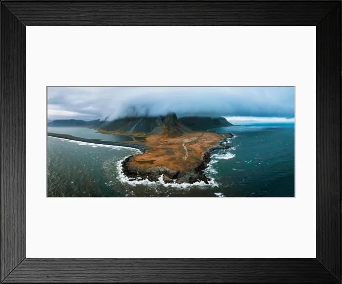 Framed Print : Aerial view of Eystrahorn mountain and coastal landscape on Stokksnes cape in Iceland with dramatic scenery Framed Print : Aerial view of Eystrahorn mountain and coastal landscape on Stokksnes cape in Iceland with dramatic scenery