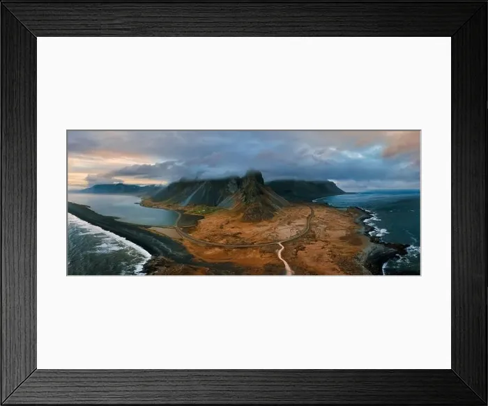 Framed Print : Aerial view of Eystrahorn mountain and coastal landscape on Stokksnes cape in Iceland with dramatic scenery Framed Print : Aerial view of Eystrahorn mountain and coastal landscape on Stokksnes cape in Iceland with dramatic scenery