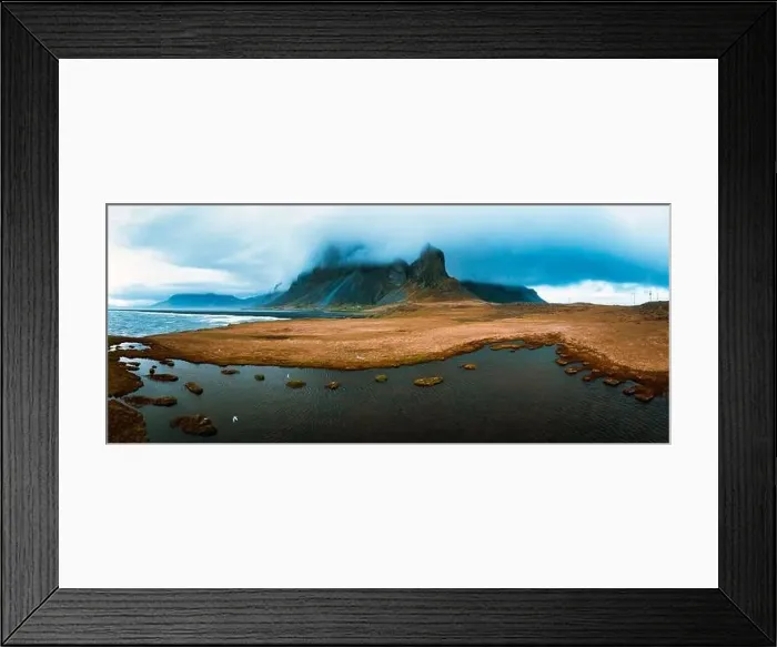 Framed Print : Drone view of a snow covered Eystrahorn mountain in Iceland at Hvalnes peninsula Framed Print : Drone view of a snow covered Eystrahorn mountain in Iceland at Hvalnes peninsula