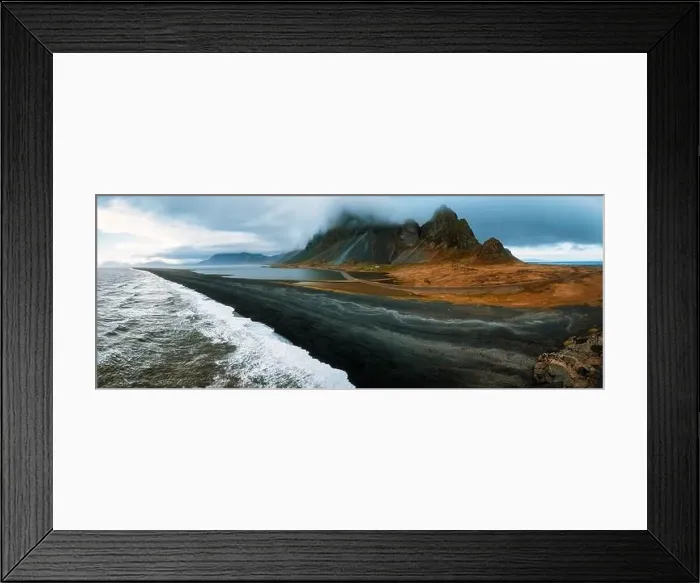 Framed Print : Drone view of a snow covered Eystrahorn mountain in Iceland at Hvalnes peninsula Framed Print : Drone view of a snow covered Eystrahorn mountain in Iceland at Hvalnes peninsula