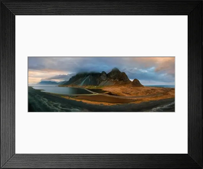 Framed Print : Drone view of a snow covered Eystrahorn mountain in Iceland at Hvalnes peninsula Framed Print : Drone view of a snow covered Eystrahorn mountain in Iceland at Hvalnes peninsula