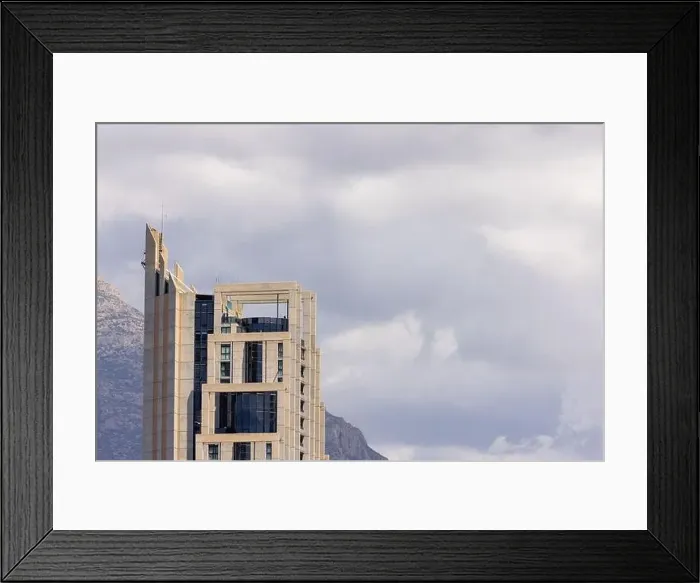 Framed Print : Aerial drone photo of the beautiful town of Benidorm in Spain showing the top of the famous Gran Hotel Bali hotel with Framed Print : Aerial drone photo of the beautiful town of Benidorm in Spain showing the top of the famous Gran Hotel Bali hotel with