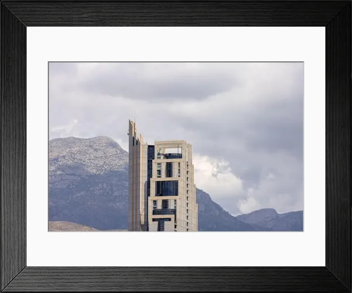 Framed Print : Aerial drone photo of the beautiful town of Benidorm in Spain showing the top of the famous Gran Hotel Bali hotel with Framed Print : Aerial drone photo of the beautiful town of Benidorm in Spain showing the top of the famous Gran Hotel Bali hotel with