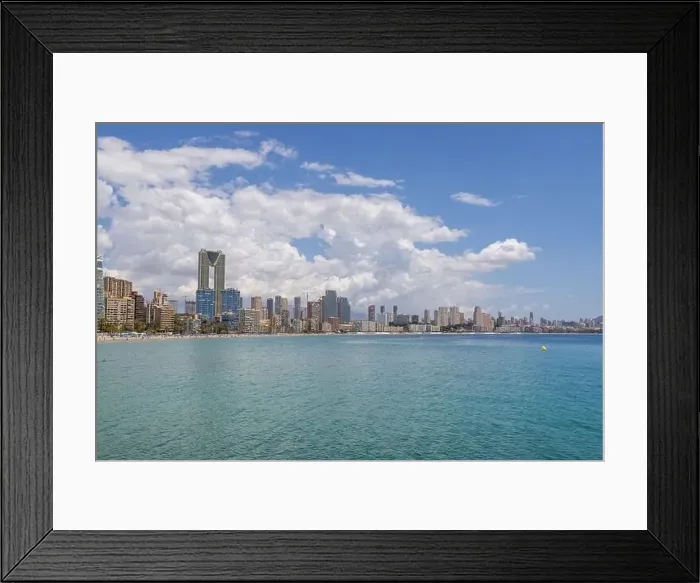 Framed Print : Aerial drone photo of the beautiful town of Benidorm in Spain showing the south beach Promenade golden sandy beach