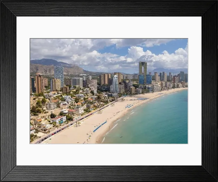 Framed Print : Aerial drone photo of the beautiful town of Benidorm in Spain showing the south beach Promenade golden sandy beach Framed Print : Aerial drone photo of the beautiful town of Benidorm in Spain showing the south beach Promenade golden sandy beach