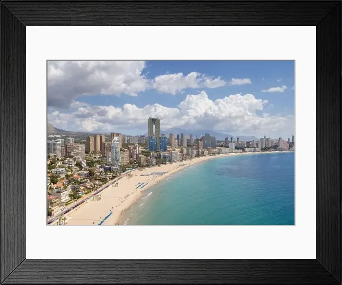 Framed Print : Aerial drone photo of the beautiful town of Benidorm in Spain showing the south beach Promenade golden sandy beach Framed Print : Aerial drone photo of the beautiful town of Benidorm in Spain showing the south beach Promenade golden sandy beach