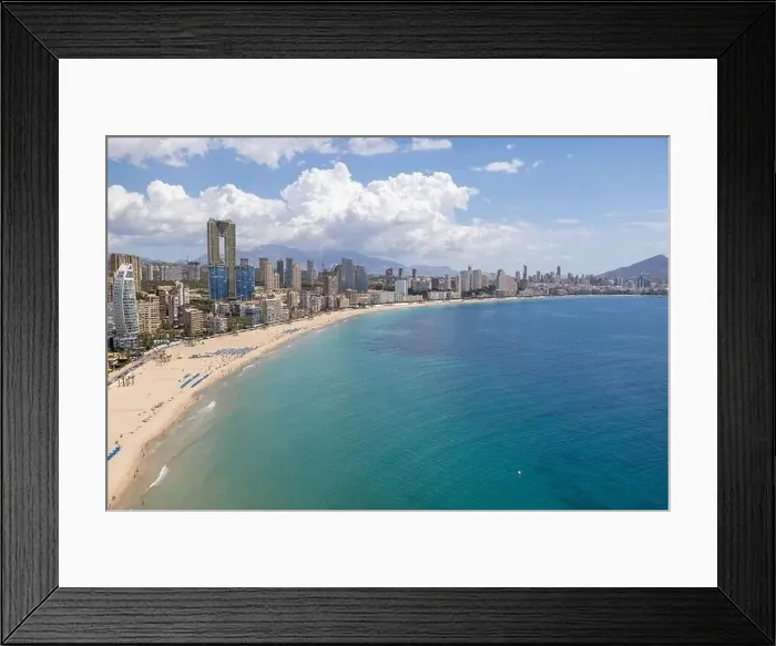 Framed Print : Aerial drone photo of the beautiful town of Benidorm in Spain showing the south beach Promenade golden sandy beach Framed Print : Aerial drone photo of the beautiful town of Benidorm in Spain showing the south beach Promenade golden sandy beach
