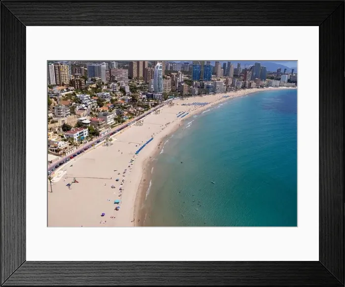 Framed Print : Aerial drone photo of the beautiful town of Benidorm in Spain showing the south beach Promenade golden sandy beach Framed Print : Aerial drone photo of the beautiful town of Benidorm in Spain showing the south beach Promenade golden sandy beach