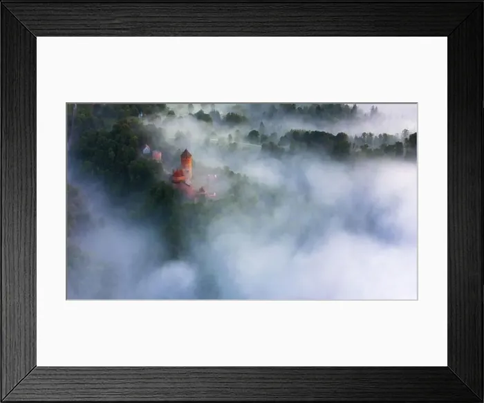 Framed Print : drone shot of turaida castle in early morning with fog in the forest valley Framed Print : drone shot of turaida castle in early morning with fog in the forest valley